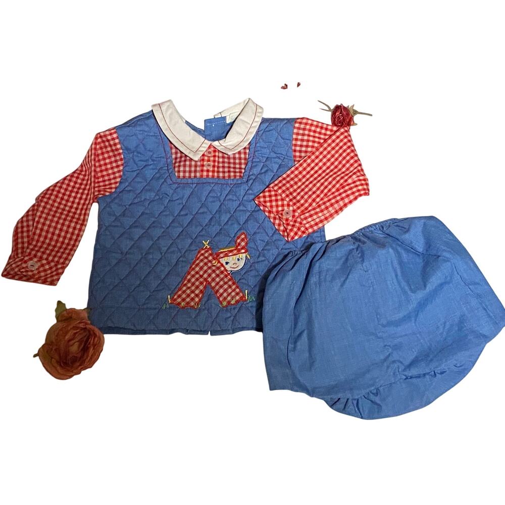 70’s Red Check Blue Quilted infant Shirt/Bottoms Tiny Tots Originals 9/12 months